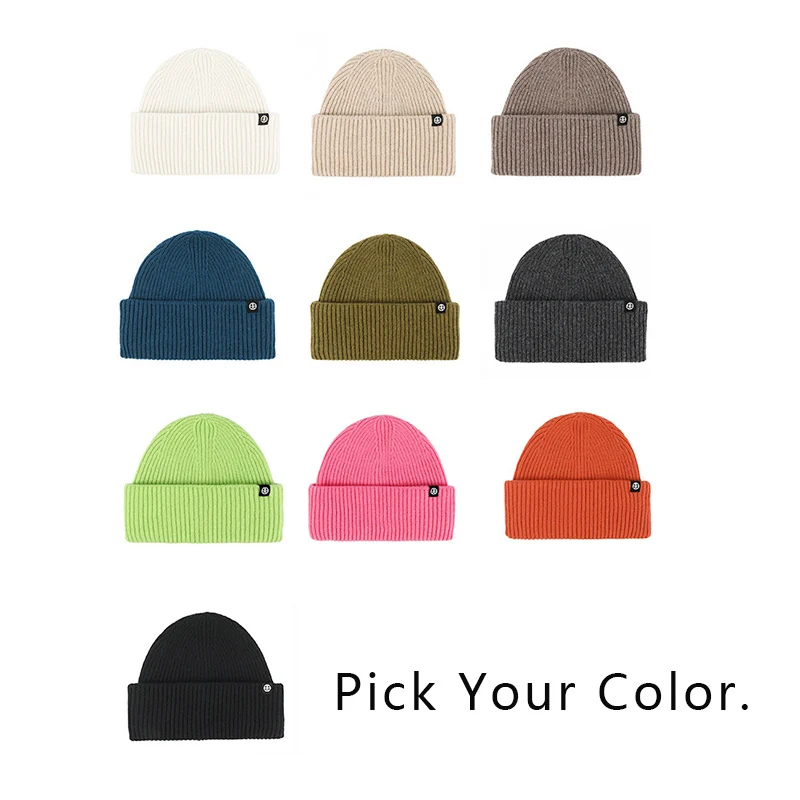 100% Wool Knit Beanie for Men Women Candy Color Cuffed Winter Hat Warm Ear Protection Windproof Skull Cap