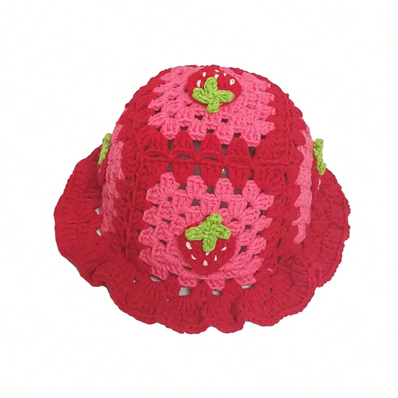 Women Strawberry Crochet Bucket Hats Foldable Knitted Boho Hat Ear Warmer Hat