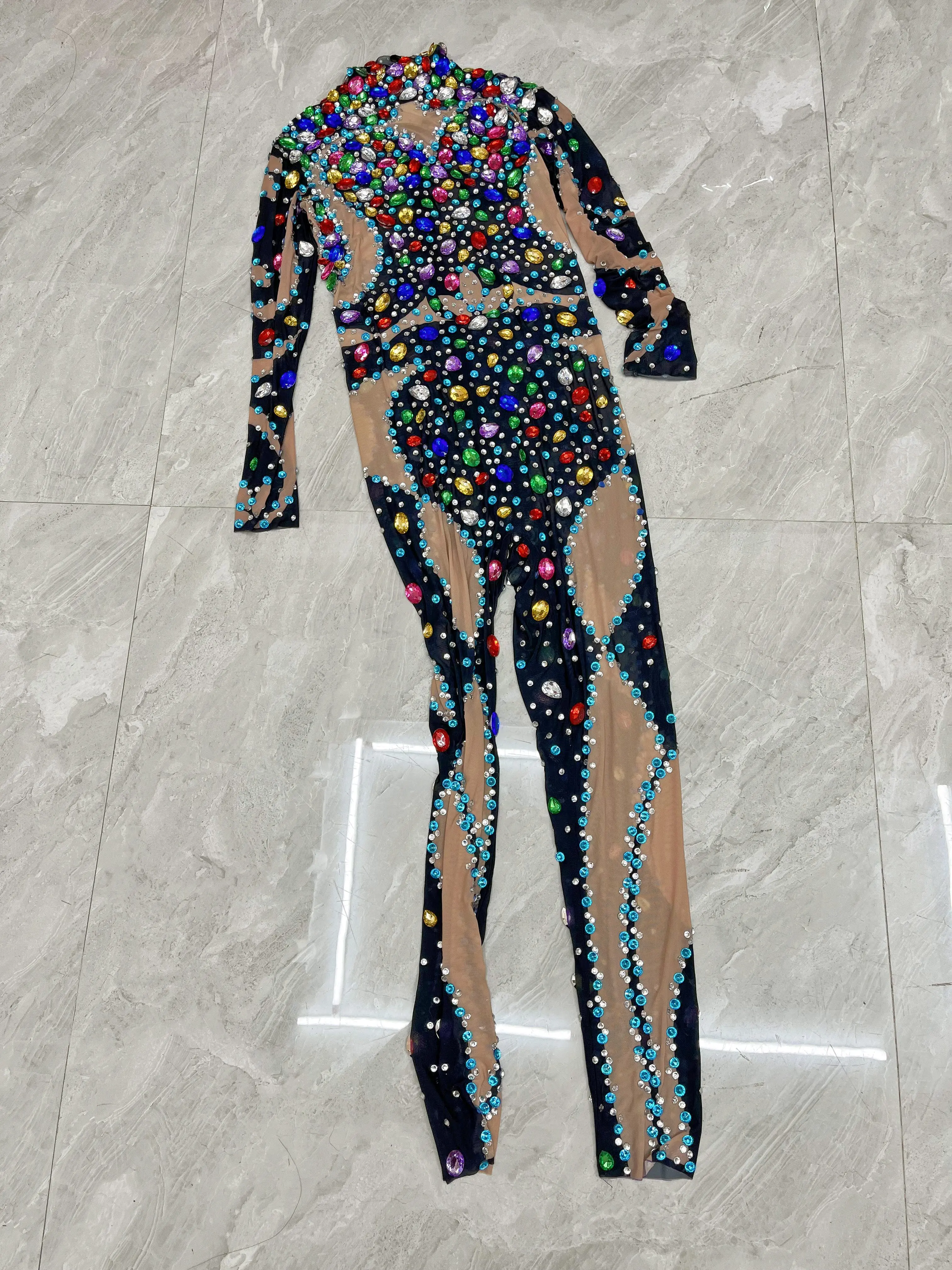 Evening Celebrate luxurious Colorful Rhinestones Black Jumpsuit Transparent Mesh Sexy Dance Outfit Bodysuit Costume youyu