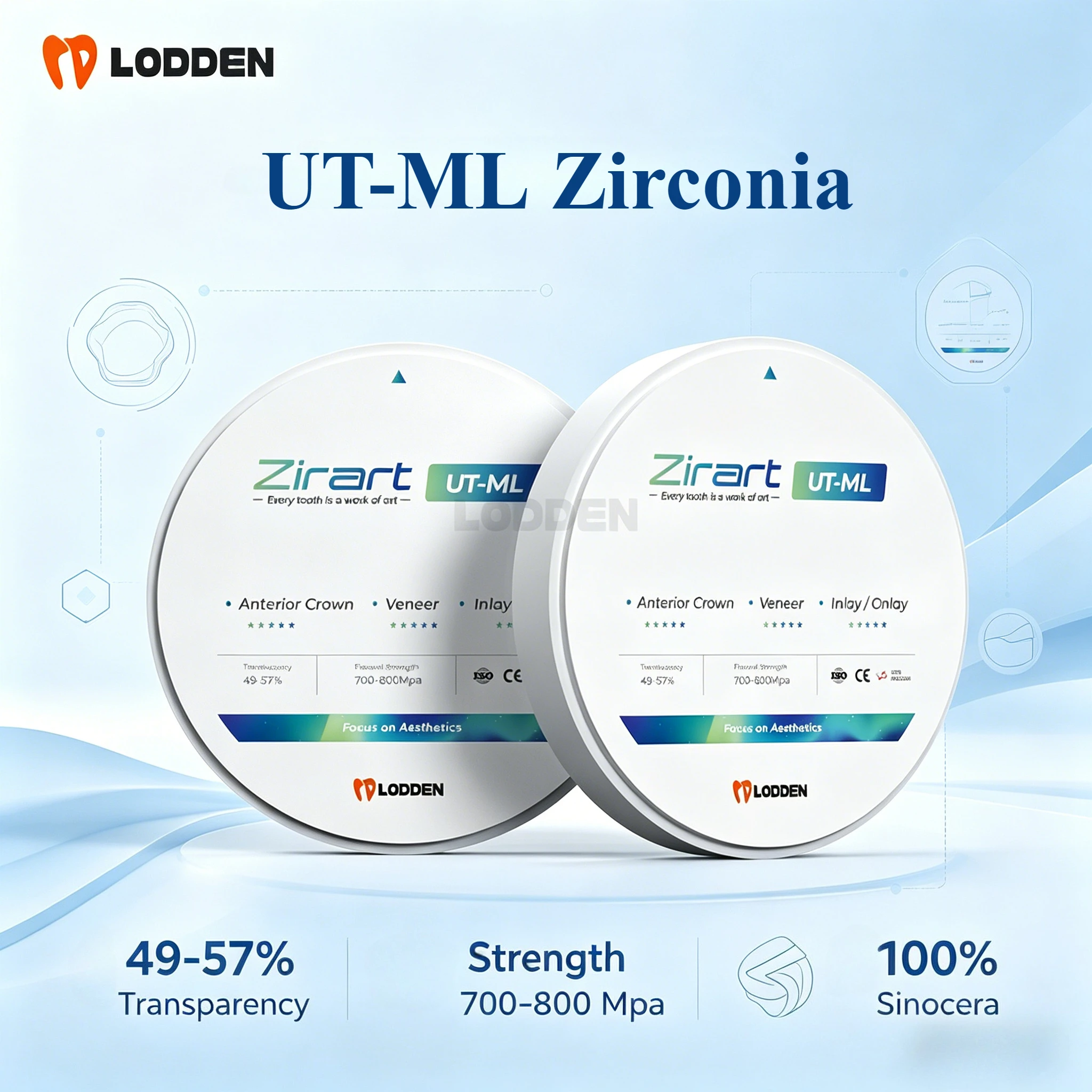 LODDEN UT-ML Mehrschichtiger Zirkonoxid-Block 98mm 49-57% Transluzenz Natürliches CAD/CAM Dentallabor Kronen- und Brückenrestaurationsmaterial