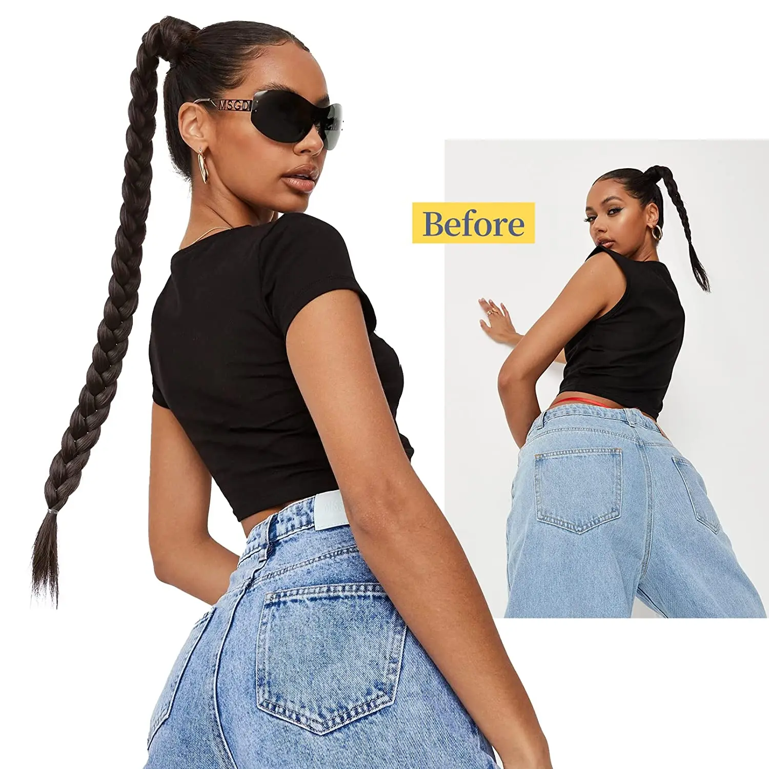 Synthetic Long Box Braided Ponytail Hair Extensions For Woman Girls 40inch Black Wrap Around Pony Tail Wig With Rubber Band