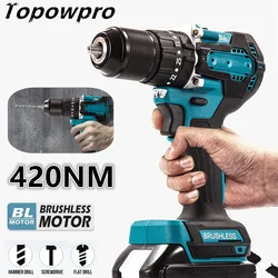 420NM 35+3 Torque Brushless Electric Hammer Impact Drill Multifunctional Cordless 13mm Chuck For Makita 18V Battery Power Tools