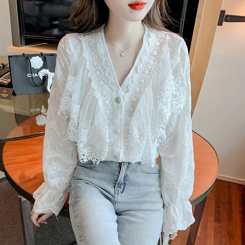 

Korean Fashion Mesh Splicing Petal Sleeve Women Tops Casual Ladies Shirts Blouses Woman Shirt Female Girls Long Sleeve Blouse