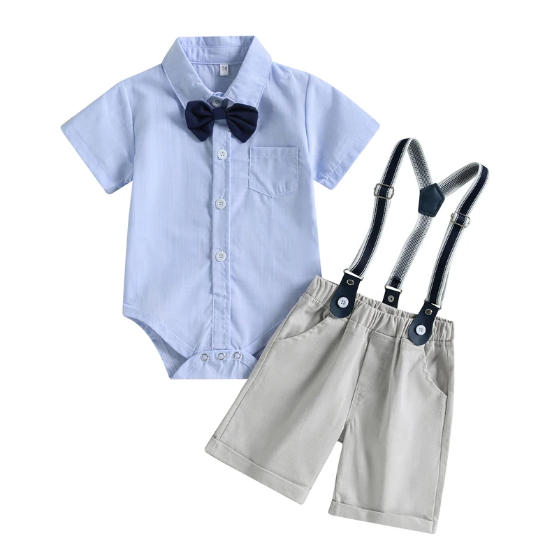 

Infant Baby Boy Gentleman Outfits Suits Short Sleeve Bowtie Romper Shirts Suspender Shorts 2Pcs Summer Clothes Set