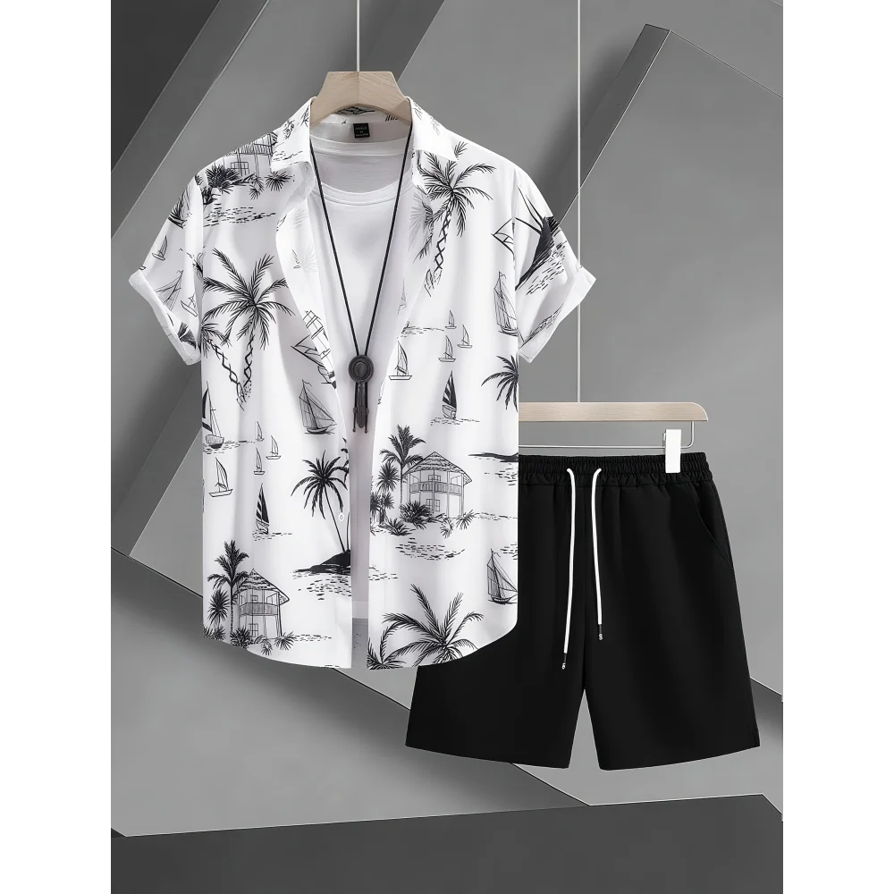 Summer Man Set Coconut Tree Fresh Flower Pattern Men's Short-Sleeved Button Shirt Summer Seaside Beach Vacation Hawaiian Shirt