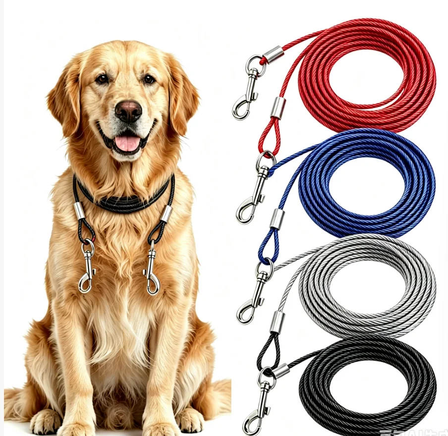 High Quality 5mm*3m Lengthen Steel Wire Dogs Rope Chain Durable Double-end Dogs Leash Cable Dual Heads Metal Hooks dog walking