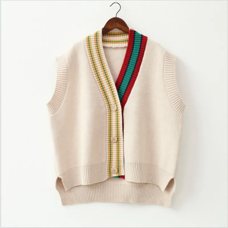 2023 Female Fashion Loose Vest V-neck Button Sweater Open Stitch Casual Striped Cardigan