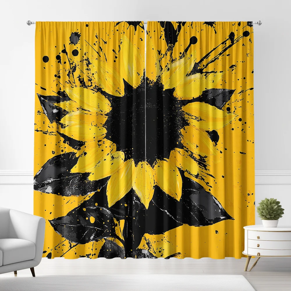 2pcs Sunflower Art Pattern Curtains in a Sunny Style, Featuring a Minimalist Artistic Design with Rod Pockets, Suitable for Home