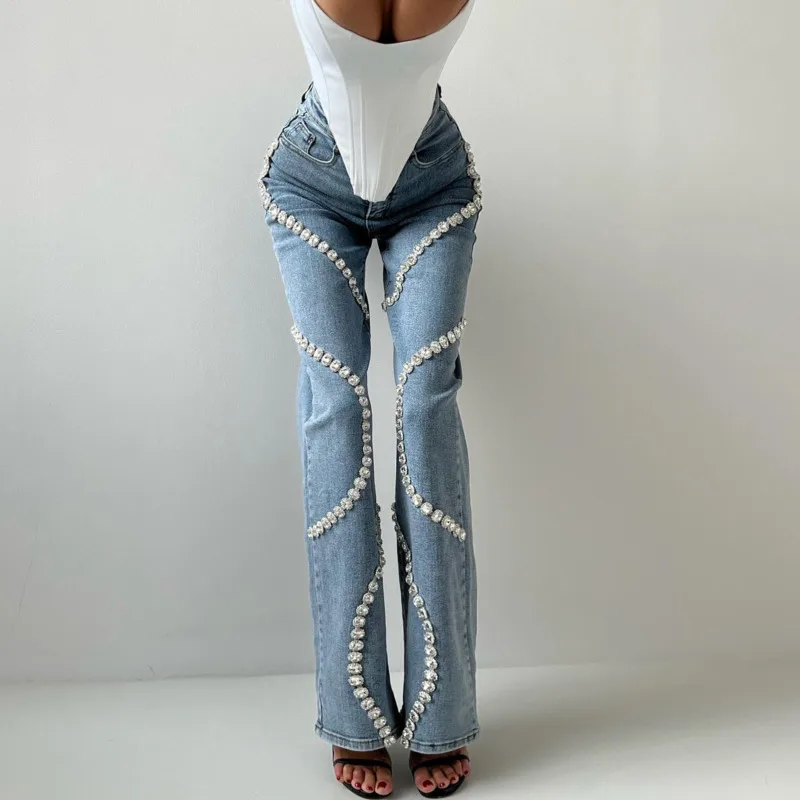 Design Surrounds Rhinestone Jeans Women 2024 Autumn New Cotton Loose Straight Pants Fashionable Pop Classic Washed Blue Trousers