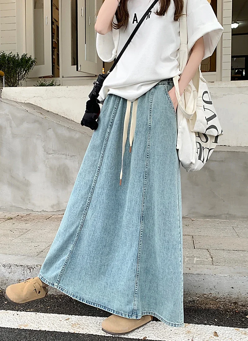 S-XL 2Colors Long Denim Skirt 2024 Korean Style High Elastic Waist  Lace Up A Line Ball Grown Long Jeans Skirts Style