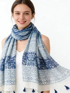 1Pc Baotou Scarf Women's Silk Scarf Bohemian Blue and White Blue and White Porcelain Geometric Bali Yarn Fringed Shawl