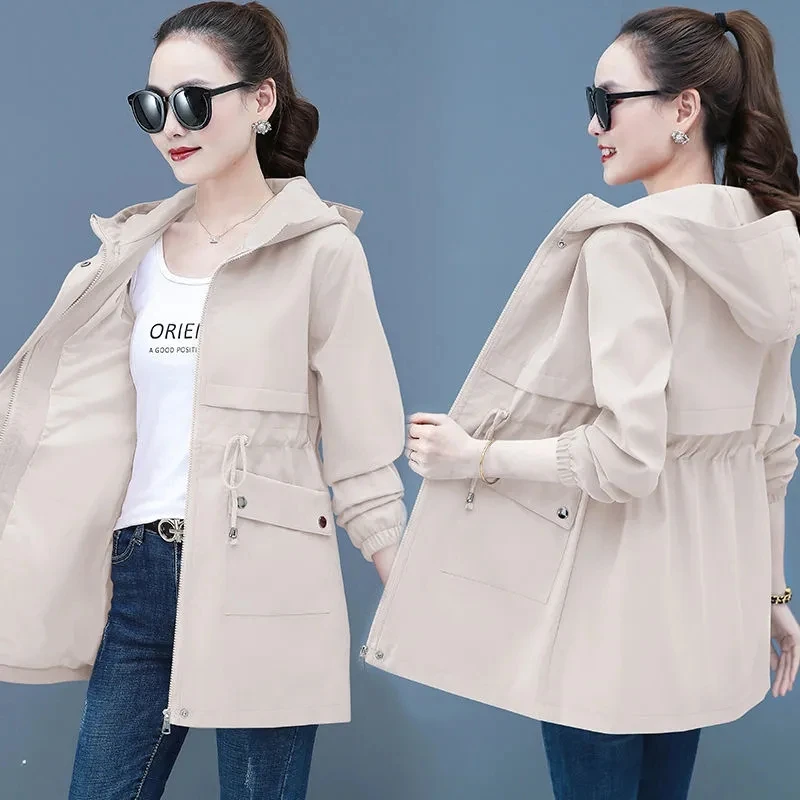 Lining Windbreak 2022 New Spring Autumn Female Jacket Slim Women Basic Coats Mid-Long Casual Tops Hooded Black Zipper vintage