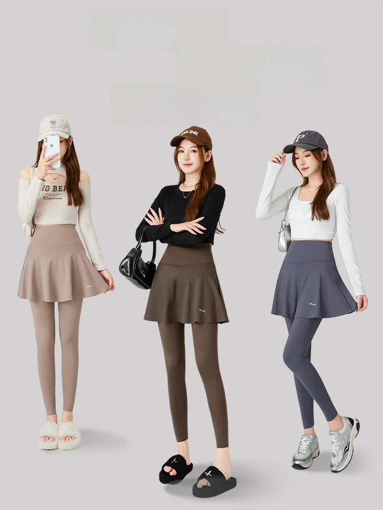 High Waist Yoga Fitn Skirt Pants Women's Spor arkskin Pants Fake Two-Piece Long Leggings Anti-Light Walking orts