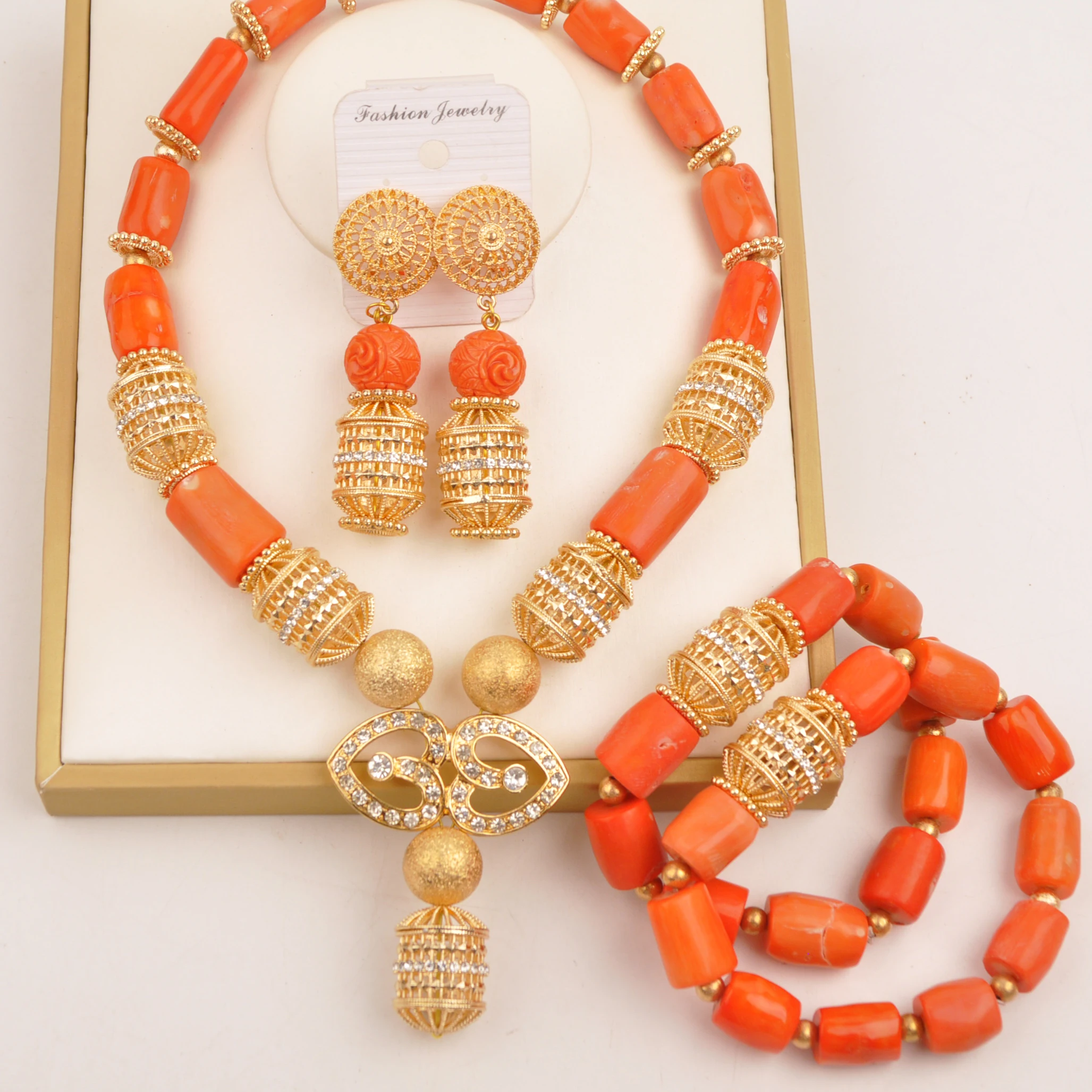 

Orange natural coral bead necklace nigerian wedding african jewelry sets