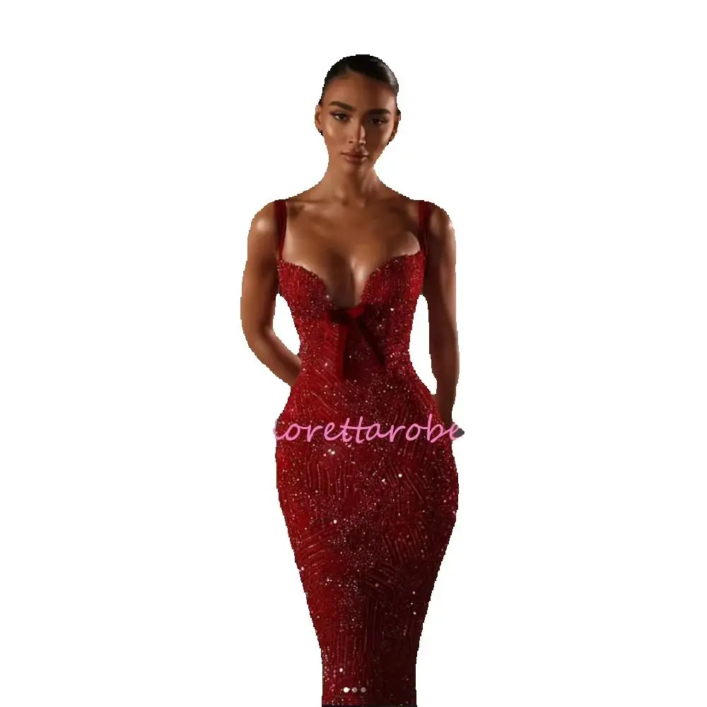 Grace Spaghetti Strap Sequin Beaded Evening Dresses Red Mermaid Stylish Floor-Length Formal Prom Gown robes de soirée Customized
