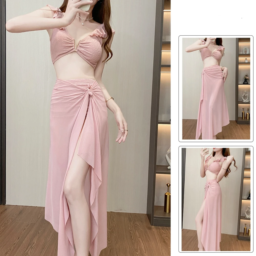 

2 Piece 3 PieceSwimsuits for Elegant Women Starfish One Piece Bathing Suits with High Split Skirt Cover ups Sexy Halter Bikini S