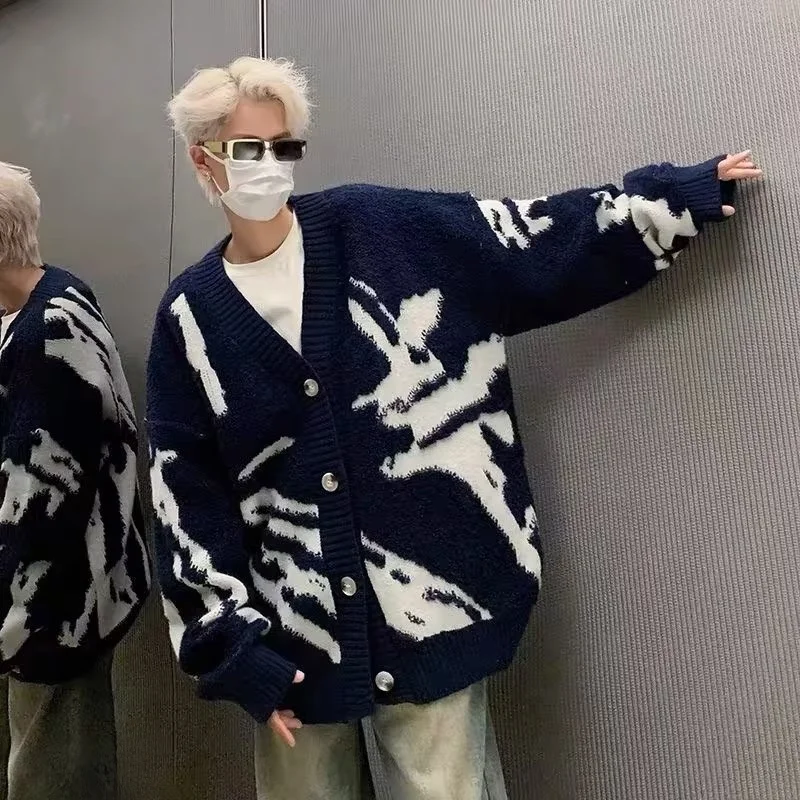 

Мужской кардиган оверсайз с V-образным вырезом, осенне-зимний, в стиле ретро, вязаный, повседневный, свободного кроя, верхняя одежда