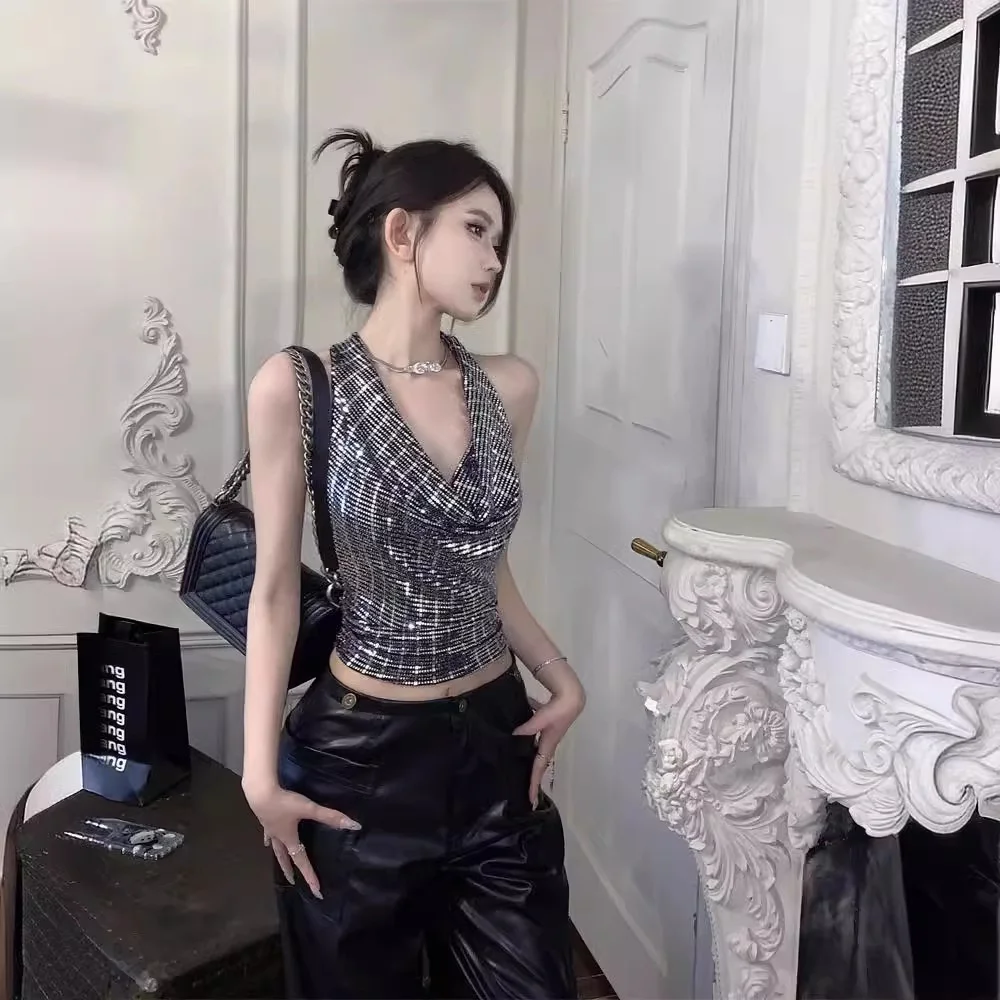 Cross-Border Worker Strap Vest Women's Sequin Neck Hanging Short Backless Top Outdoor Wear Slim Fit Knitted Summer 2024