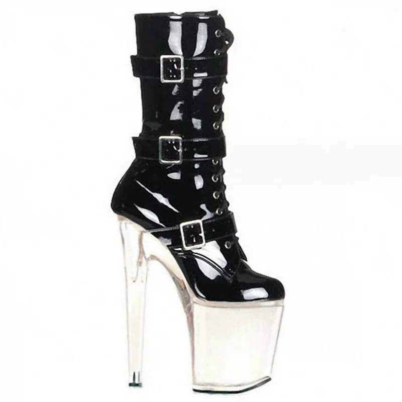 New 20cm Ultra High Heel Performance Show Shoes Low Cut Patent Leather Short Boots Fashionable round Toe Zipper Closure Boots