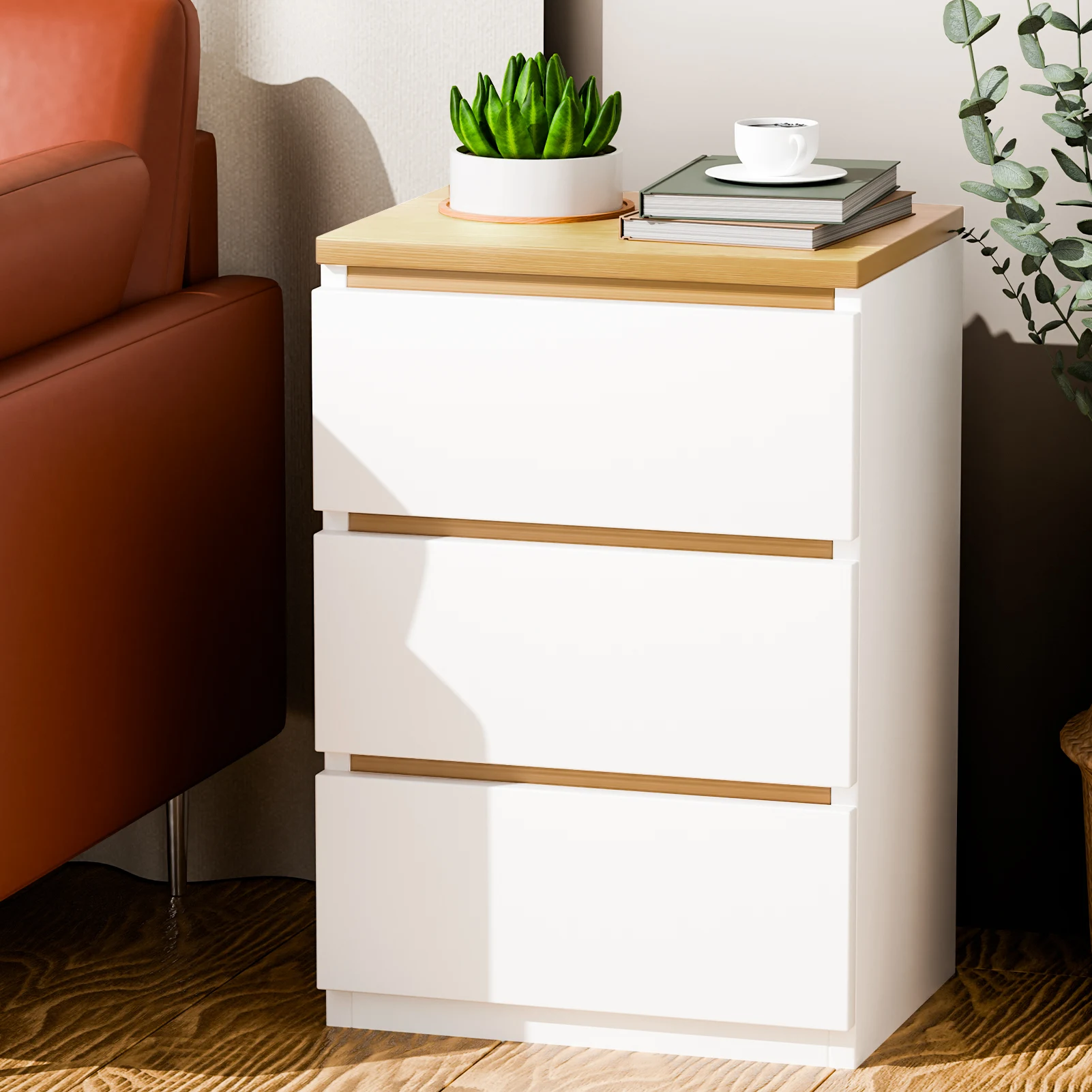 Nightstand Wooden Bedroom With 3 Drawers Bedside Sofa Table Storage Closet Chest Clothes Display Cabinet Furniture Living Room