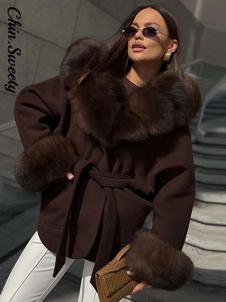 Elegant Faux Fur Patchwork Women's Coat Lace Up Thicken Lady Coats 2025 Autumn Winter Chic Female St