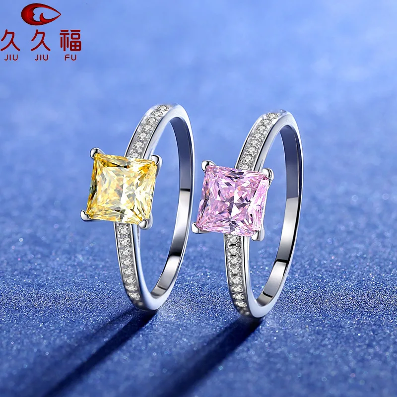 Vintage Square Color Diamond Ring for Women, PT950 Platinum Base and 2 Carat Moissanite, combine retro aesthetics