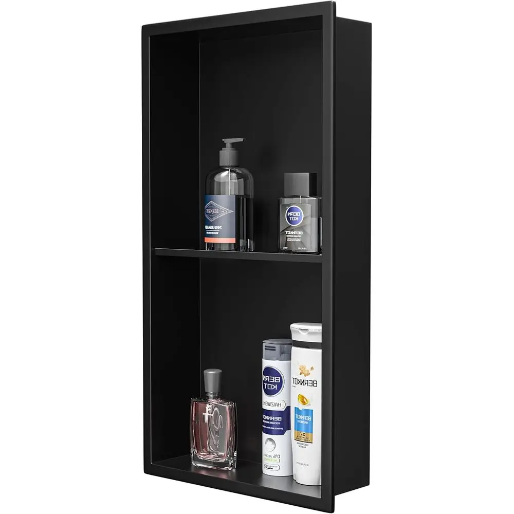 Matte Black 24 x 12 Stainless Steel Shower Enclosure with Double Shelves - Space-Saving, No Tile Required