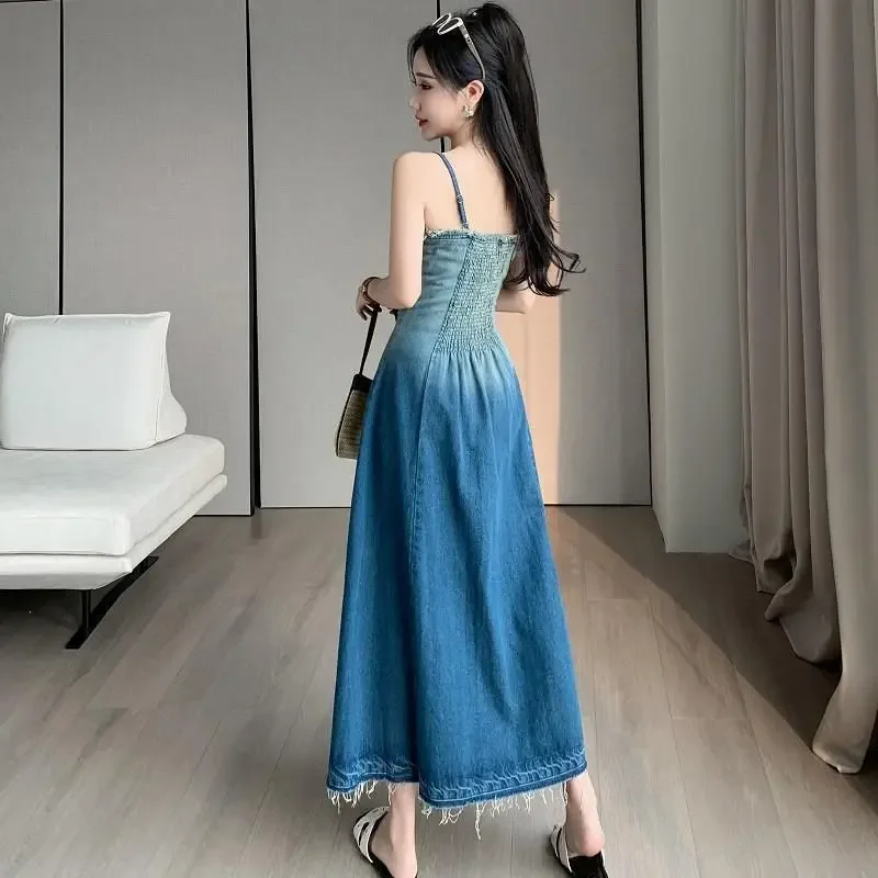 Gaun Denim Suspender Wanita Warna Gradien Segar Musim Panas Pakaian Elegan A-line Esensial Pesta Panjang Berkualitas Rok Koboi Kamisol