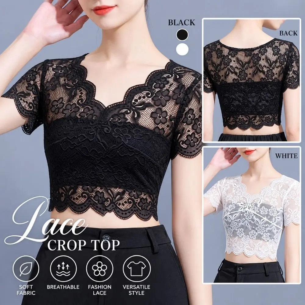 Delicate Floral Floral Lace Lace Top V-Neck Hollow Out Crop Lace Tee Short Sleeve Top Women Girls