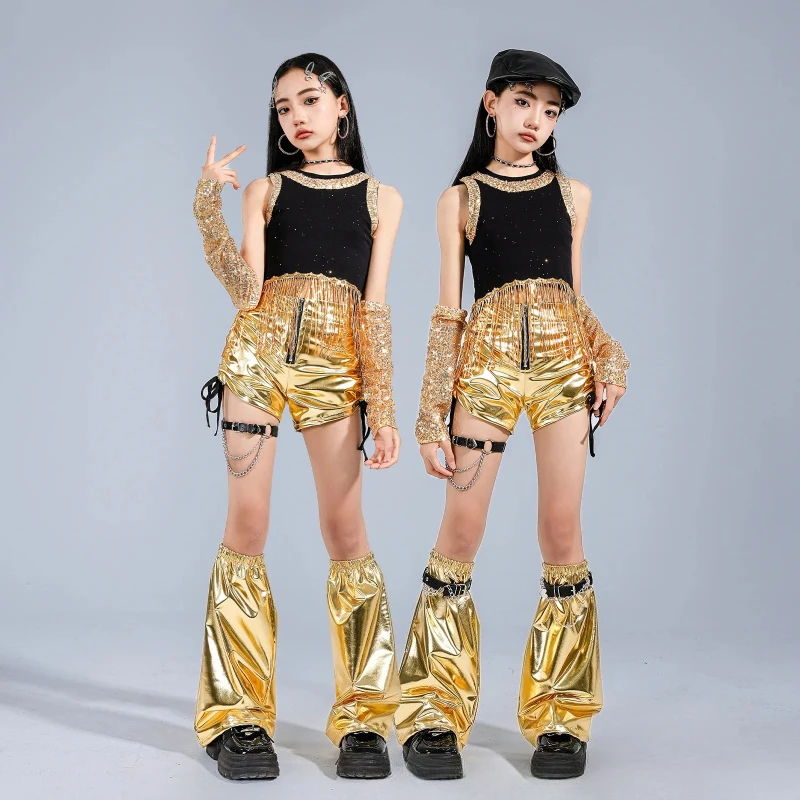 

Золотистый блестящий укороченный топ в стиле хип-хоп для девочек, шорты для уличных танцев, детские комплекты одежды для K-pop и джаза, уличная одежда для девочек-подростков, костюмы для групповых выступлений