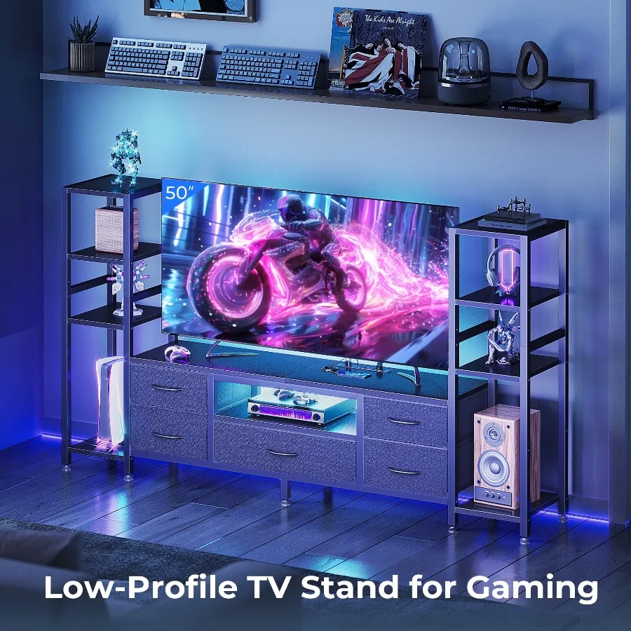 Casacomoda TV Stand up for 40–50 Inch TV Low-Profile Entertainment Center Small Spaces LED Lights & Power Outlets Storage TV