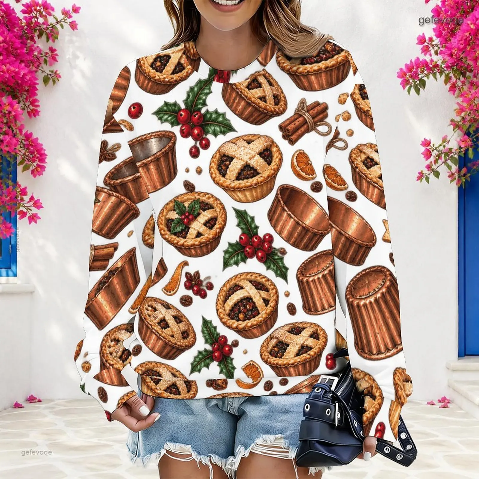 Women White Base Red Green Cream Hot Air Balloon Holly Print Round Neck Long Sleeve Pullover Sweatshirt