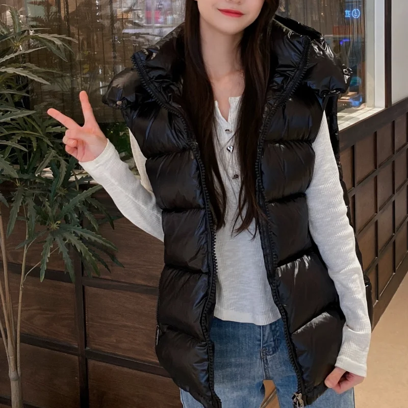 Women's Thick Warm Hooded Down Vest, Sleeveless Jackets, Simple Casual, Glossy Sporty Waistcoat, Short, Winter, New