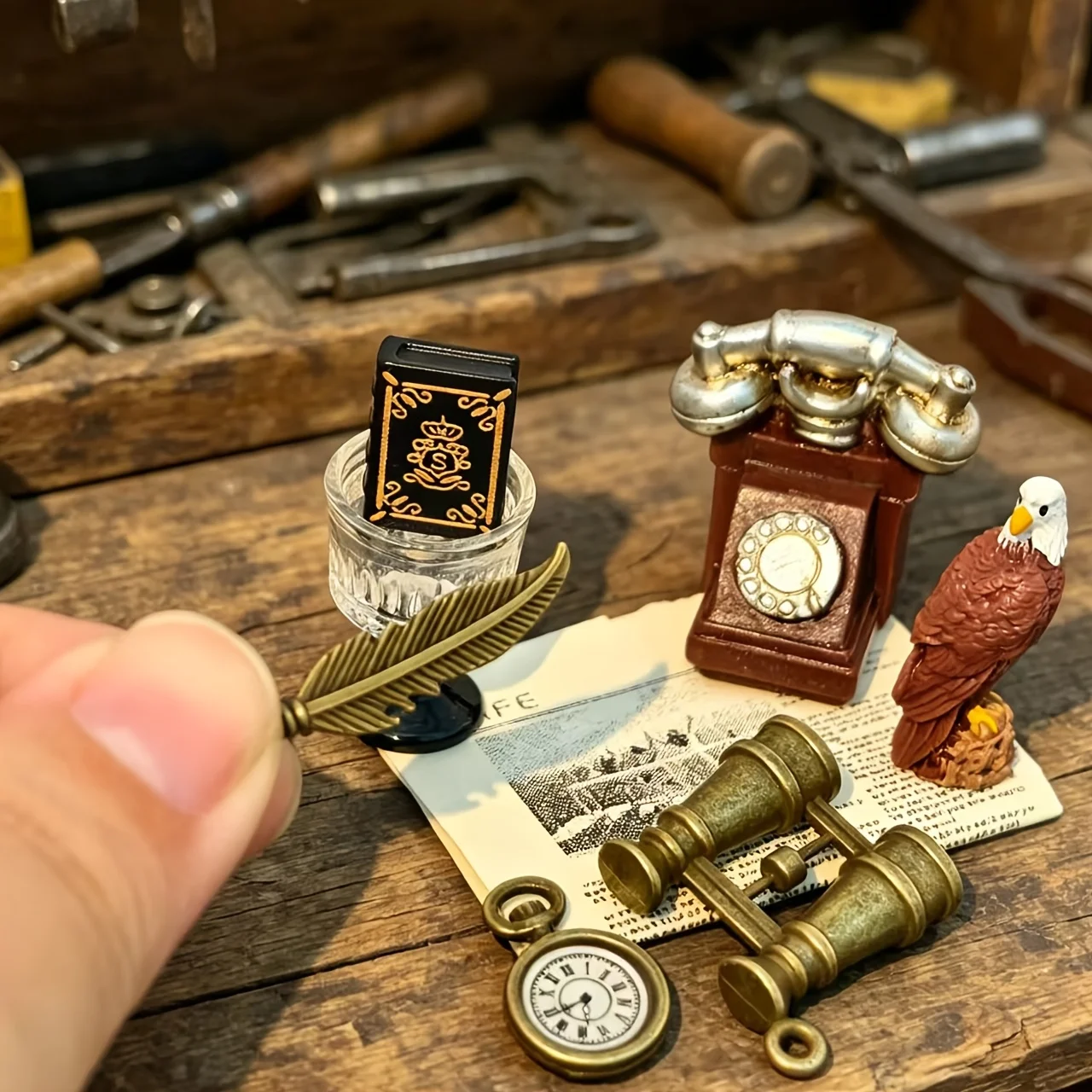 1:12 Dollhouse Miniature Vintage Office Accessories Retro Telephone Pocket Watch Feather Pen Study Room Decor image 4