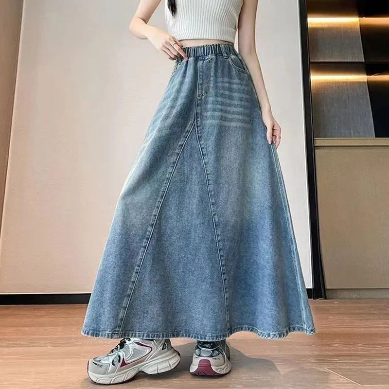 Women Skirt Korean Style High Waist Elastic Washed Denim Maxi Skirt A-Line Flared Long Jean Skirt Pockets Casual Y2K Streetwear view 2