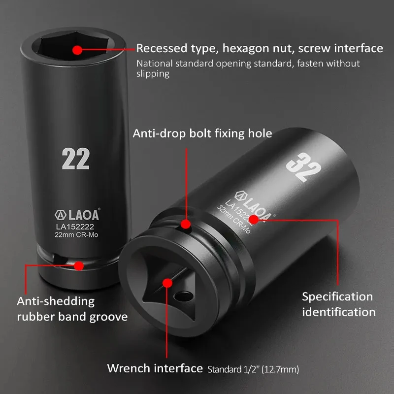 LAOA 17-32mm Hex Socket Wrench 1/2 inch Head Used on Ratchet Wrench Drill Torque Spanner Deep Sleeve for Pneumatic Electric Tool