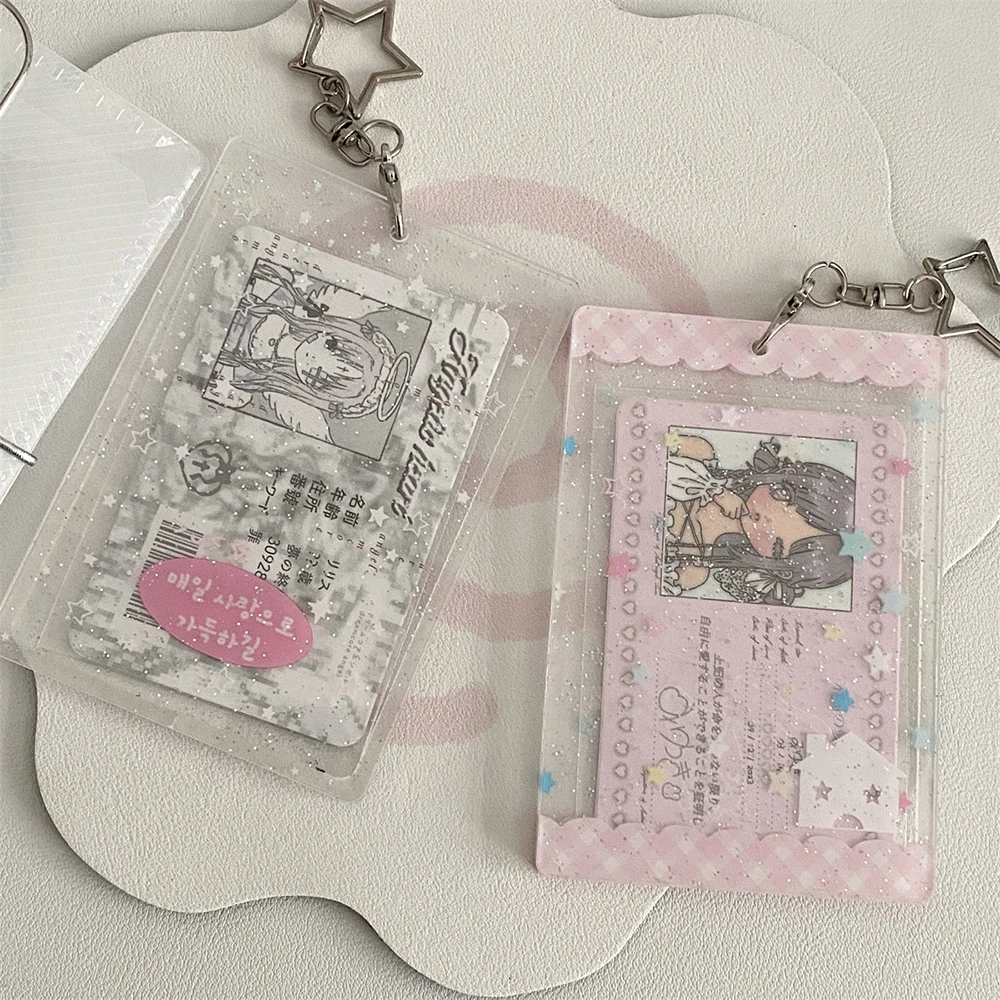 3 Inch Sparkling Glitter PVC Transparent Photocard Holder Star Idol Photo Card Sleeves Key Chain Bag Pendant Bus ID Card Case