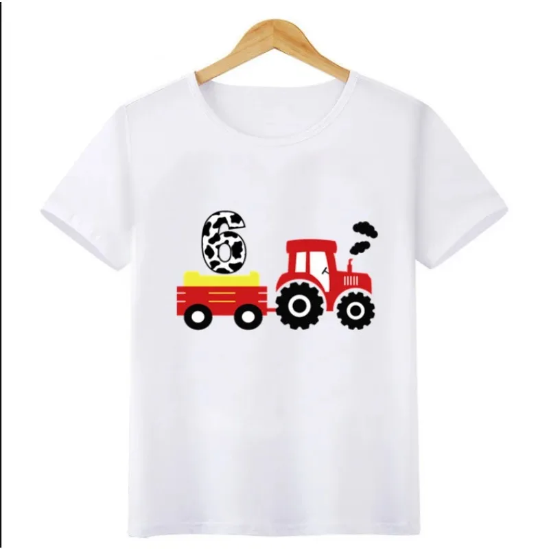 Camiseta infantil puxando desenhos animados, trator, carro, menino, aniversário, crianças, bebê, roupas de menina, moda, 1-8 anos, verão