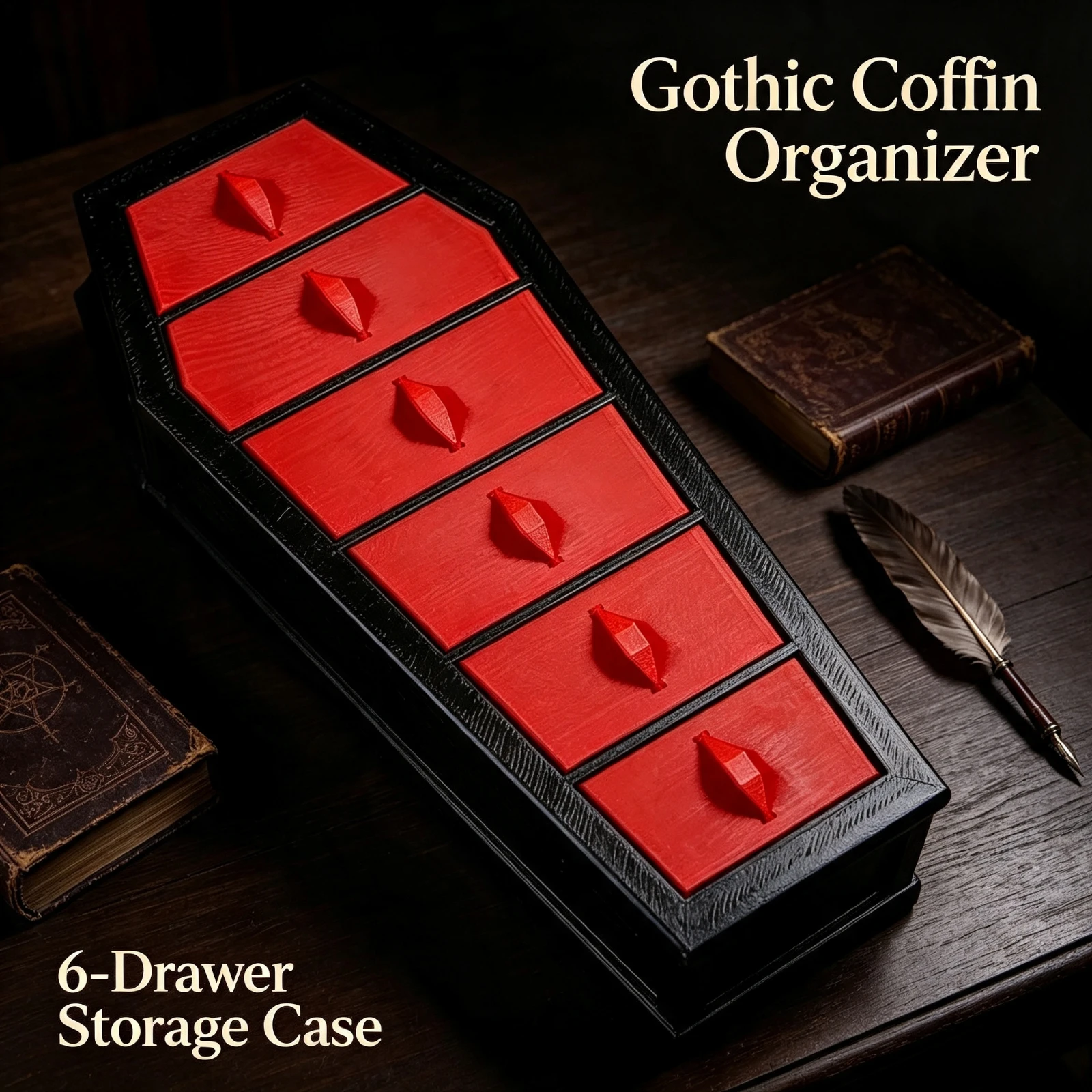 3D printed Gothic Coffin Jewelry Box Red, Black Drawer Organizer Vintage Horror Storage Case Halloween Party Home Decor Gift
