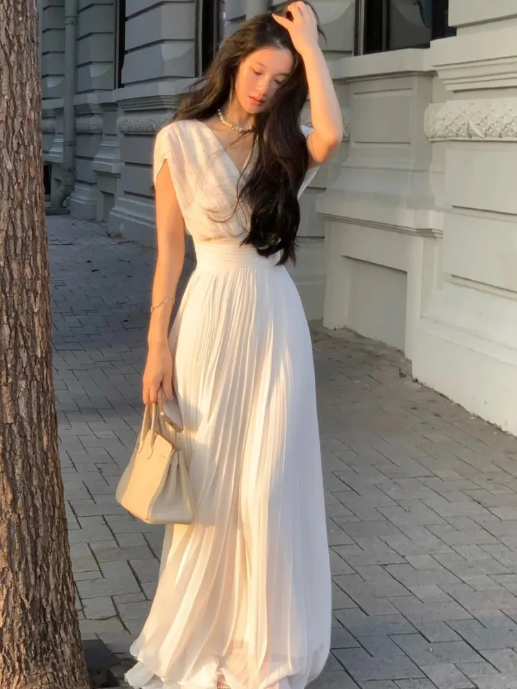 Summer New Elegant Party Pleats Long Dresses for Women V-neck High Waist Holiday Casual Sleeveless Female Clothing Robe