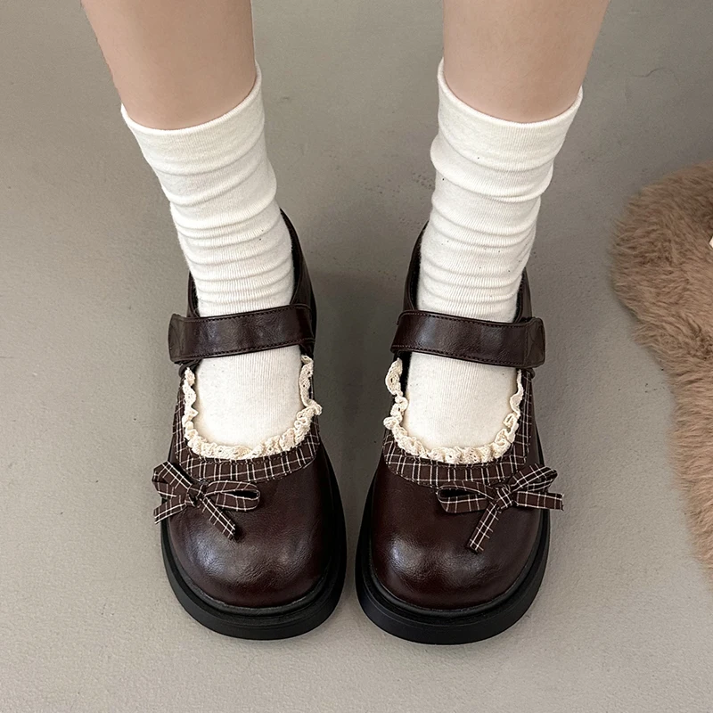 Y2K Sweet Women Mary Jane Shoes Retro Plaid Lace Bow Round Toe Platform Loafers Woman 2026 Thick Sole Gothic Lolita Shoes