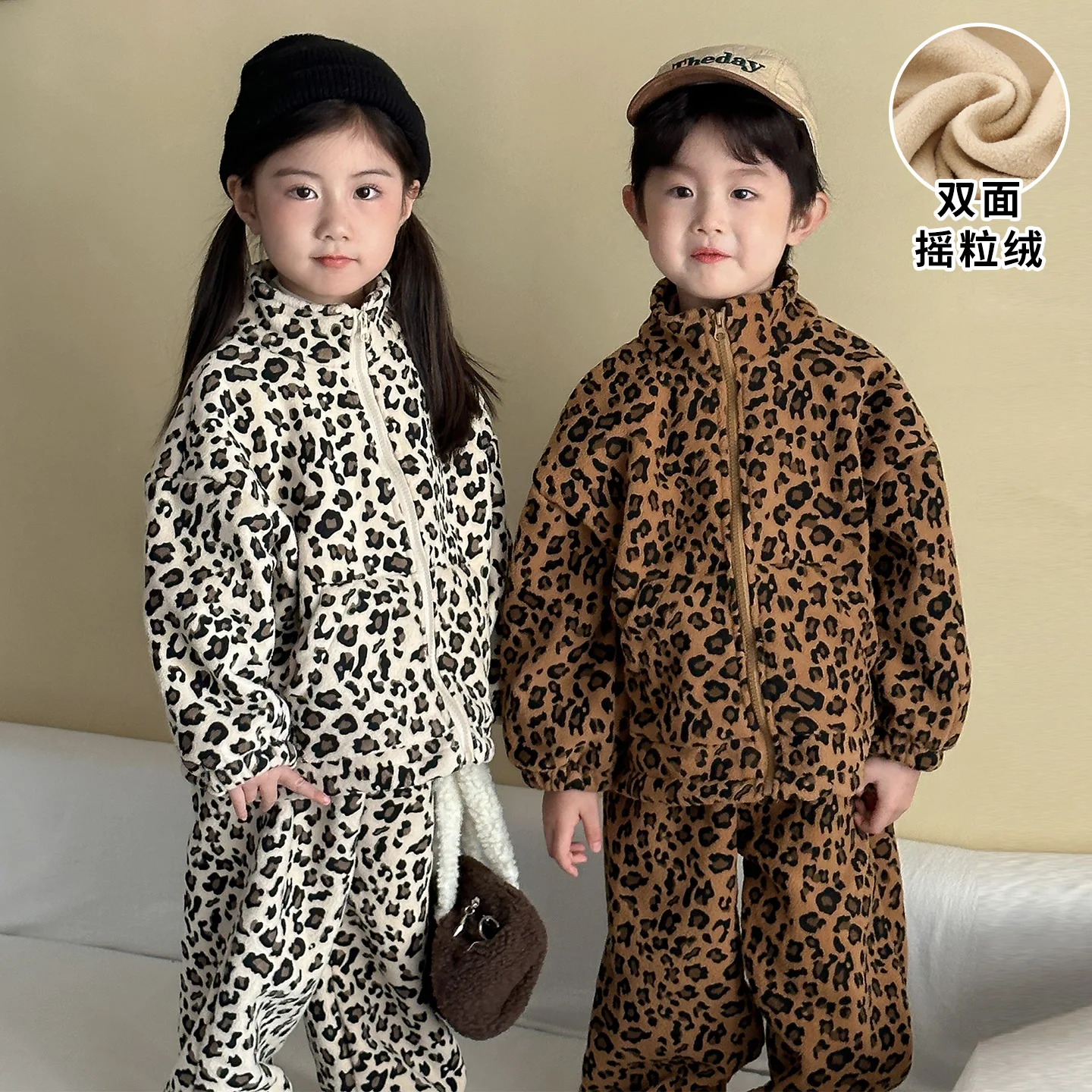 2026Autumn New Leopard Boys Plus Fleece Suit Sweater Coat+ Pant Casual Two Piece Set  Children's Polar Fleece Suit