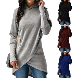 2023 Autumn Winter Solid Color Sweater Hooded Long Sleeve Women Clothing Fashion Casual Sports Top Cross Connection Long Sweater