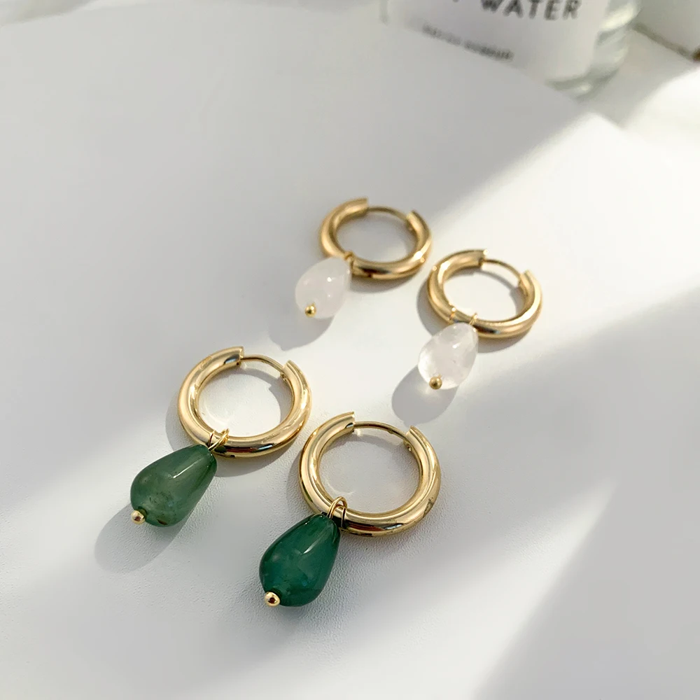 Golden plated Stainless Steel Circle Huggie Earring with Teardrop Green Natural Stone Hoop Earrings for Women Jewelry Wholesale