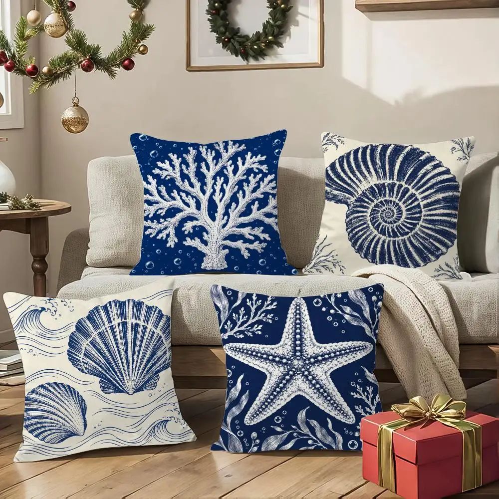 Coastal Navy Sea Shells Cushion Cover Square Decorative Sofa Pillow Case Bedroom Living Room Home Decor Gift