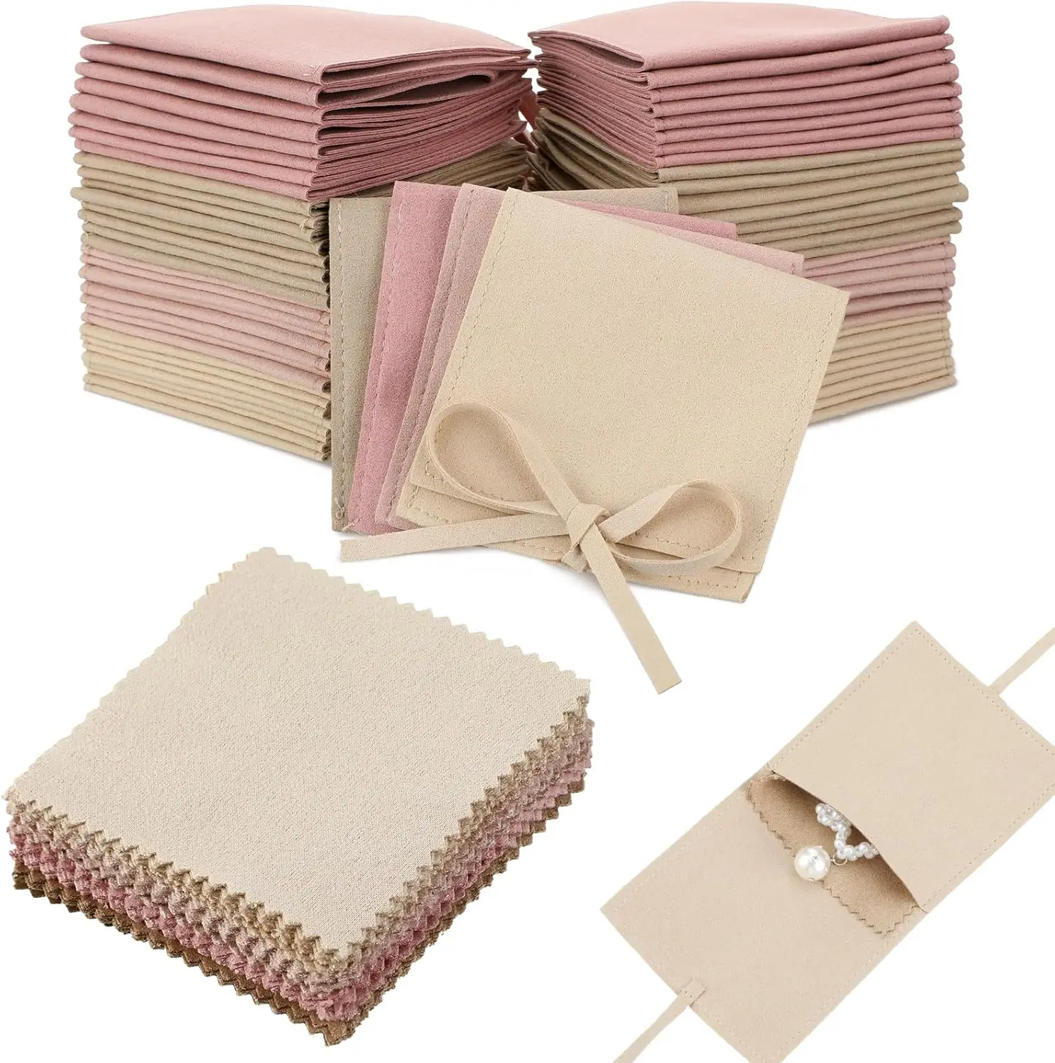 

120 шт. мешочков для ювелирных изделий из микрофибры 8x8 см, подарочные пакеты для украшений с бантом, для браслетов, с салфеткой для чистки (разноцветные)