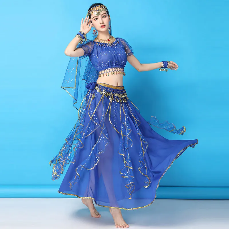 Women Shiny Belly Dance Sequins Top Skirt Indian Arabic Costume Set Bollywood Cosplay Clothes Practice Dancewear Rave Outfit Set