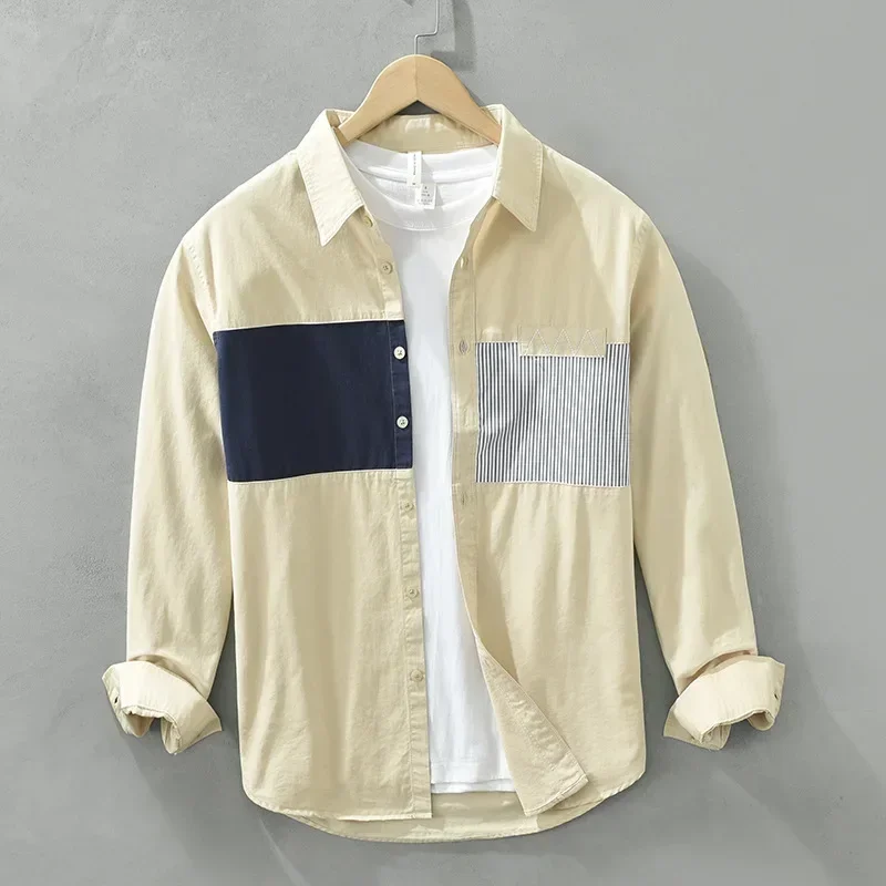 

Корейская модная мужская белая рубашка с длинным рукавом, 100% хлопок, повседневные рубашки, мужская рубашка в уличном стиле, дизайнерская рубашка с пэчворком, молодежная одежда