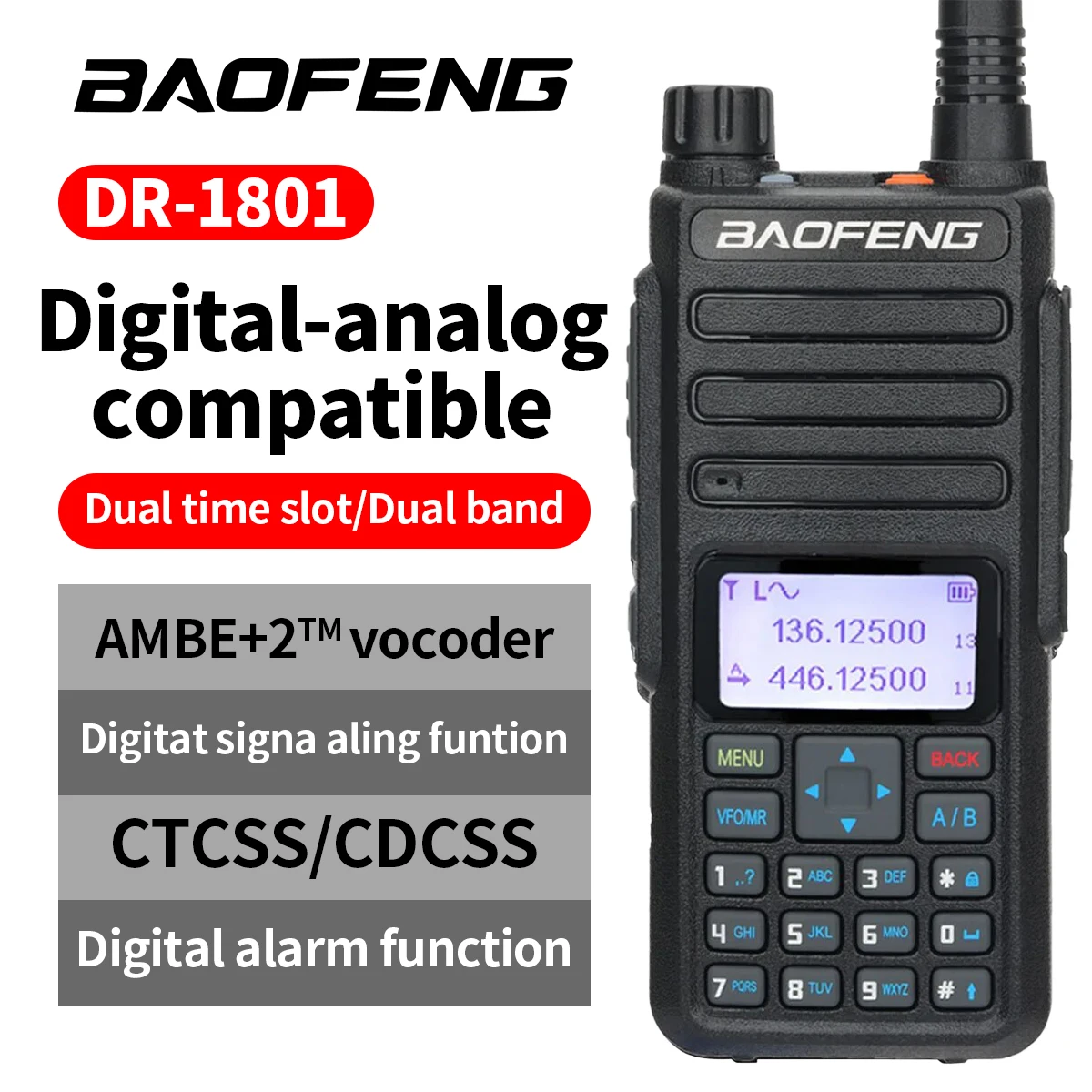 

Baofeng Dr-1801 Dmr Digitale Walkie Talkie Dual Time Slot Analoge Tier 1 & 2 Lange Afstand Dual Band 1024ch DM-1801 Ham Tweeweg