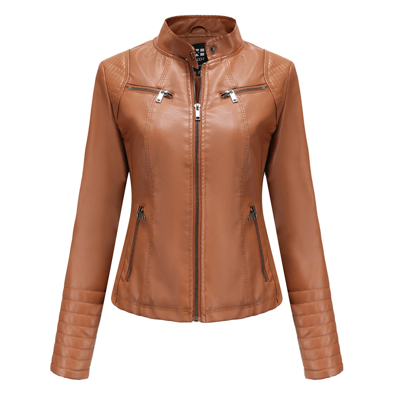 Chaqueta ajustada de cuero con cremallera para mujer, chaqueta de motociclista con cuello vuelto, primavera y otoño